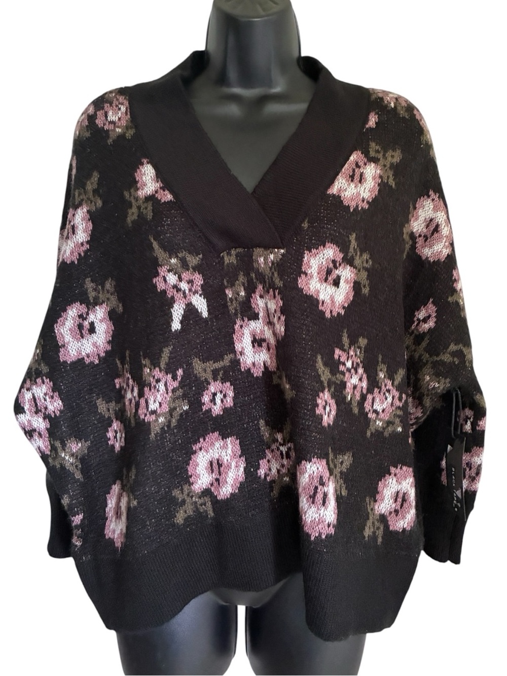 NWT Whimsigoth Cottagecore Grannycore Black Sweater Pink Floral Print Sz XS